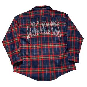 Vintage Plaid Flannel Up-Cycled Remember Win Graphic Block Print XL